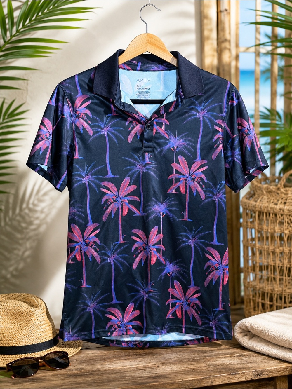 APT. 9 Premier Flex Performance Polo Shirt Men's Small Black Pink Palm Trees
